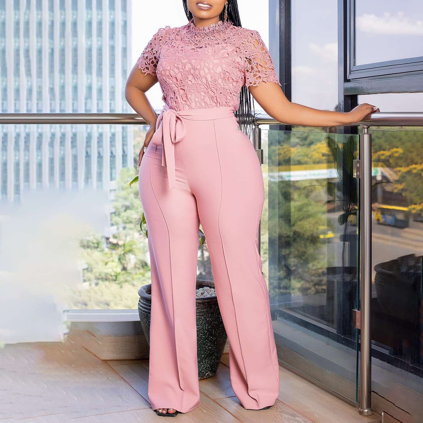 総レース パンツドレス 袖付き フォーマル