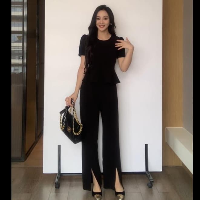 美シルエットスリット入りパンツドレス