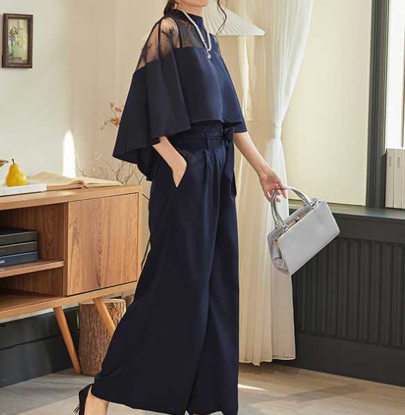 レース切替パンツドレス 上品バルーン袖セットアップ