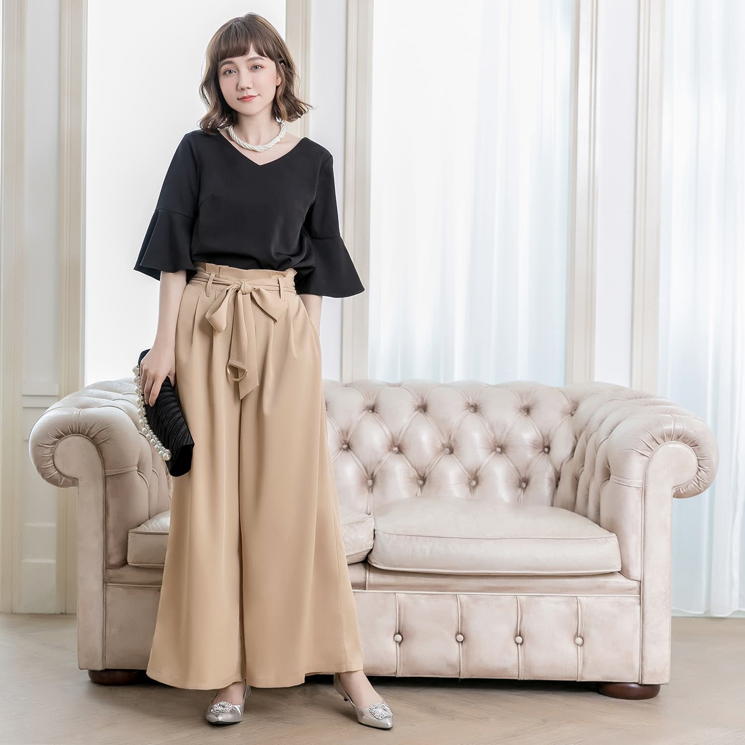涼やかシフォンフレアスリーブパンツドレス