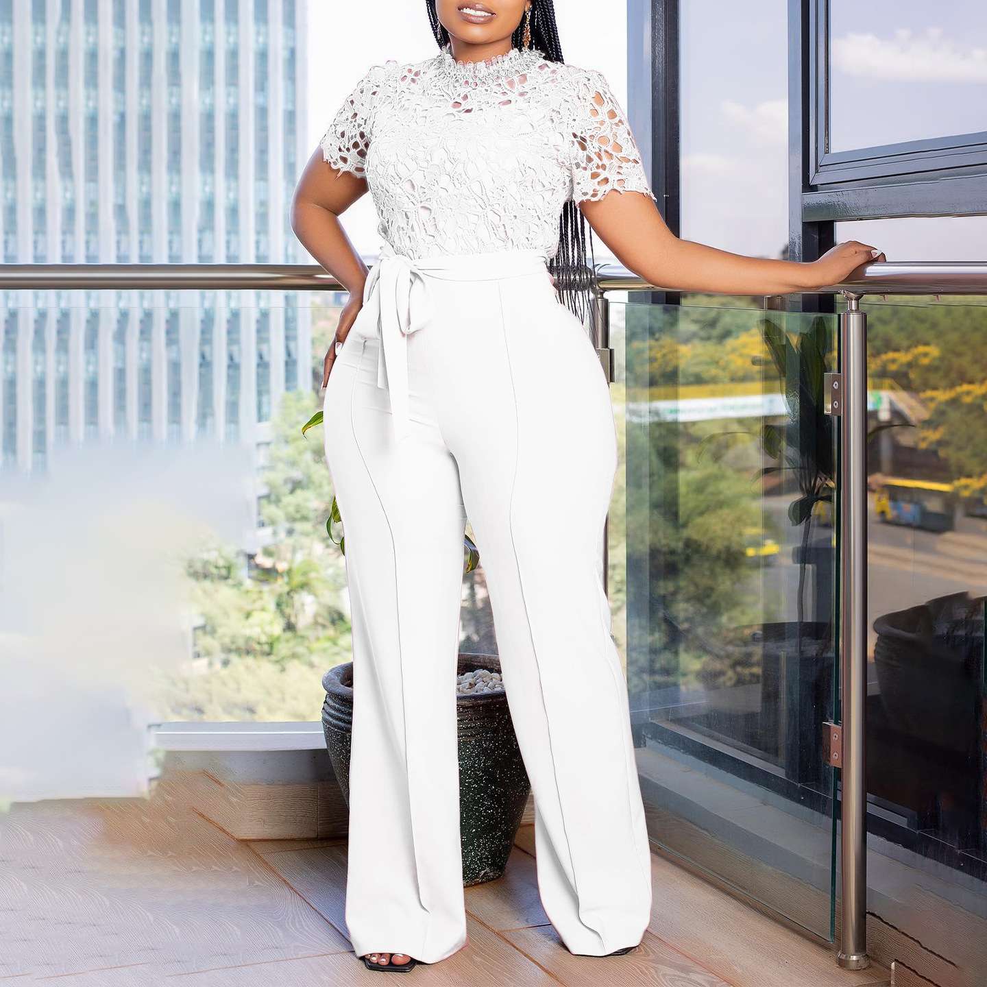 総レース パンツドレス 袖付き フォーマル