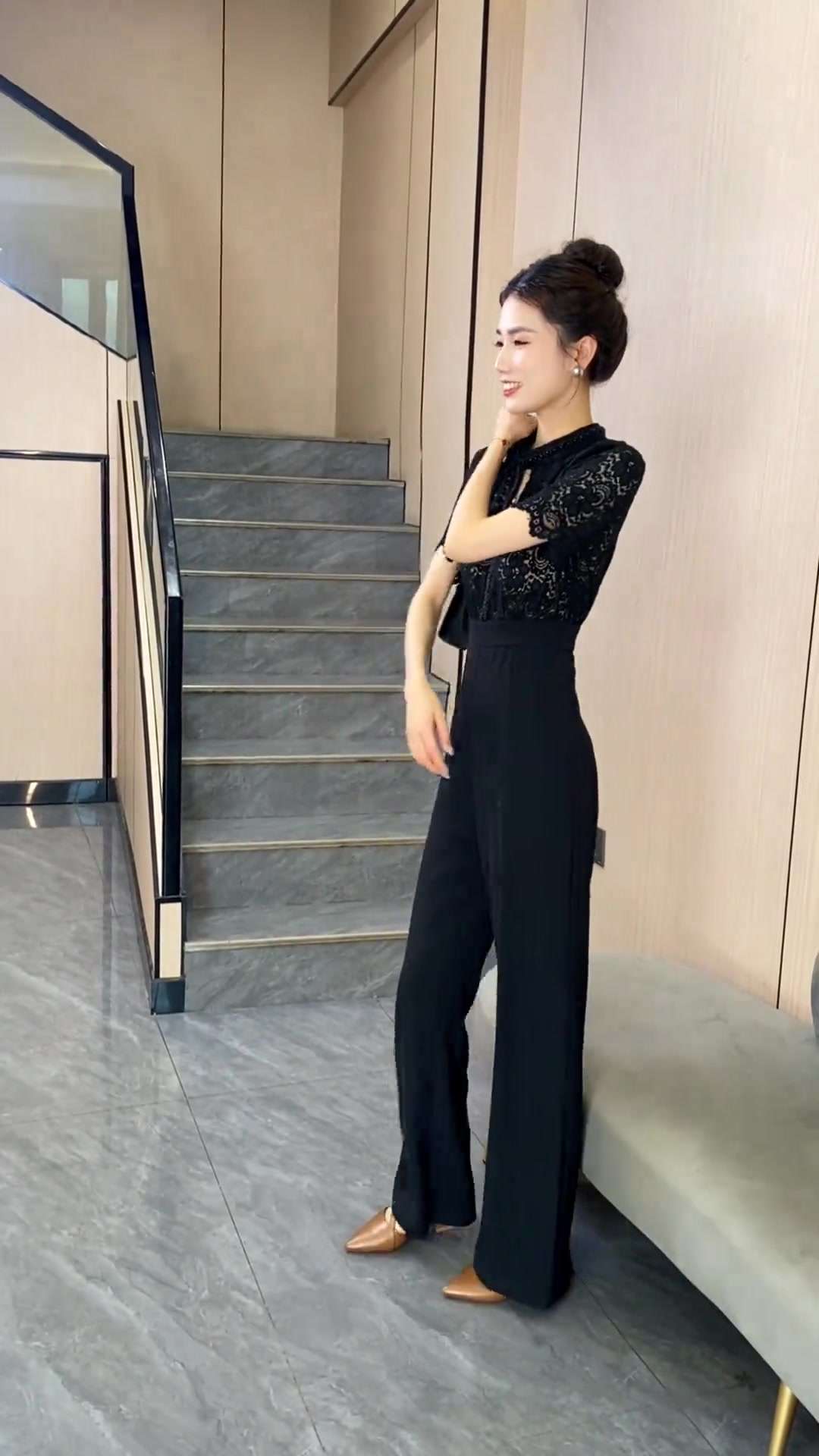 レース切替パンツドレス