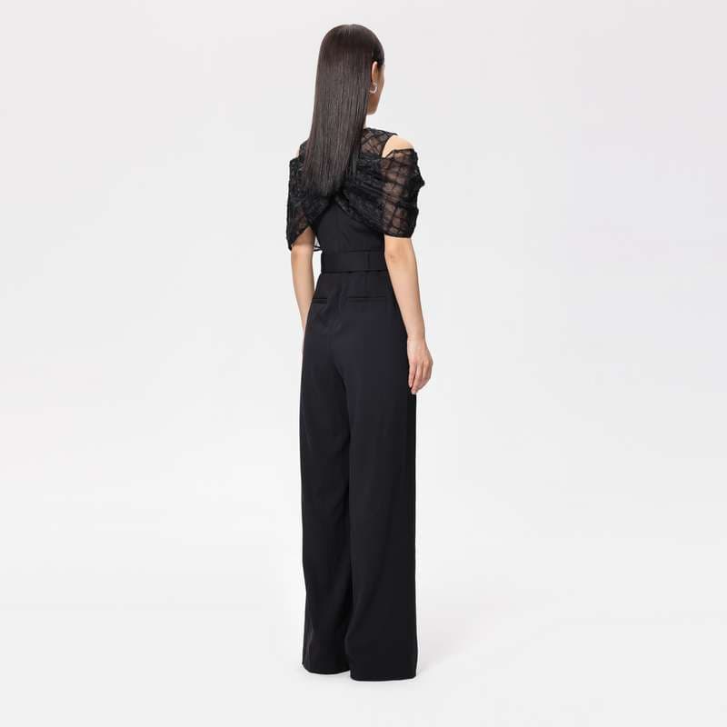 レース飾り肩開きパンツドレス