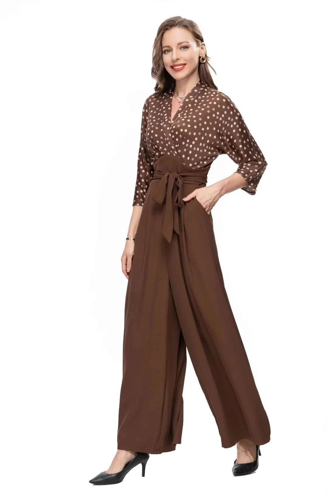 水玉柄タックデザインパンツドレス