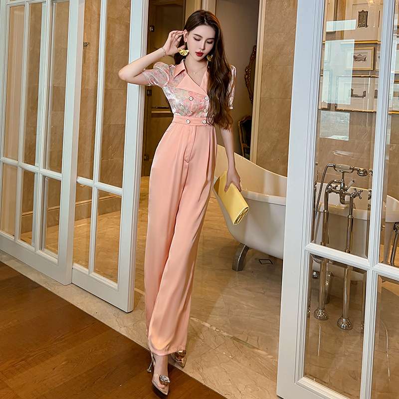花柄シフォン切替えパンツドレス