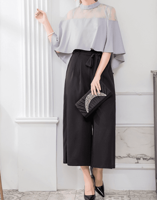 レース切替パンツドレス 上品バルーン袖セットアップ