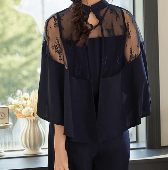 レース切替パンツドレス 上品バルーン袖セットアップ