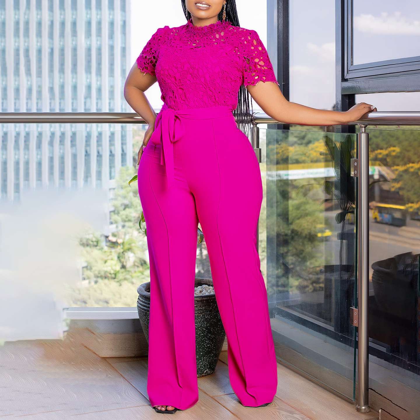 総レース パンツドレス 袖付き フォーマル