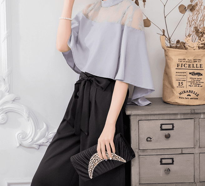 レース切替パンツドレス 上品バルーン袖セットアップ