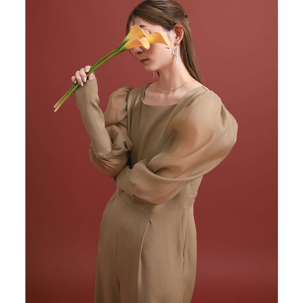 パンツドレス エレガントなパフスリーブジャンプスーツ