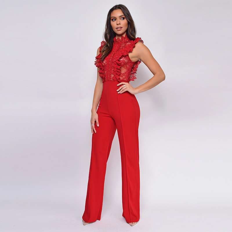 フリルレースハイネックパンツドレス