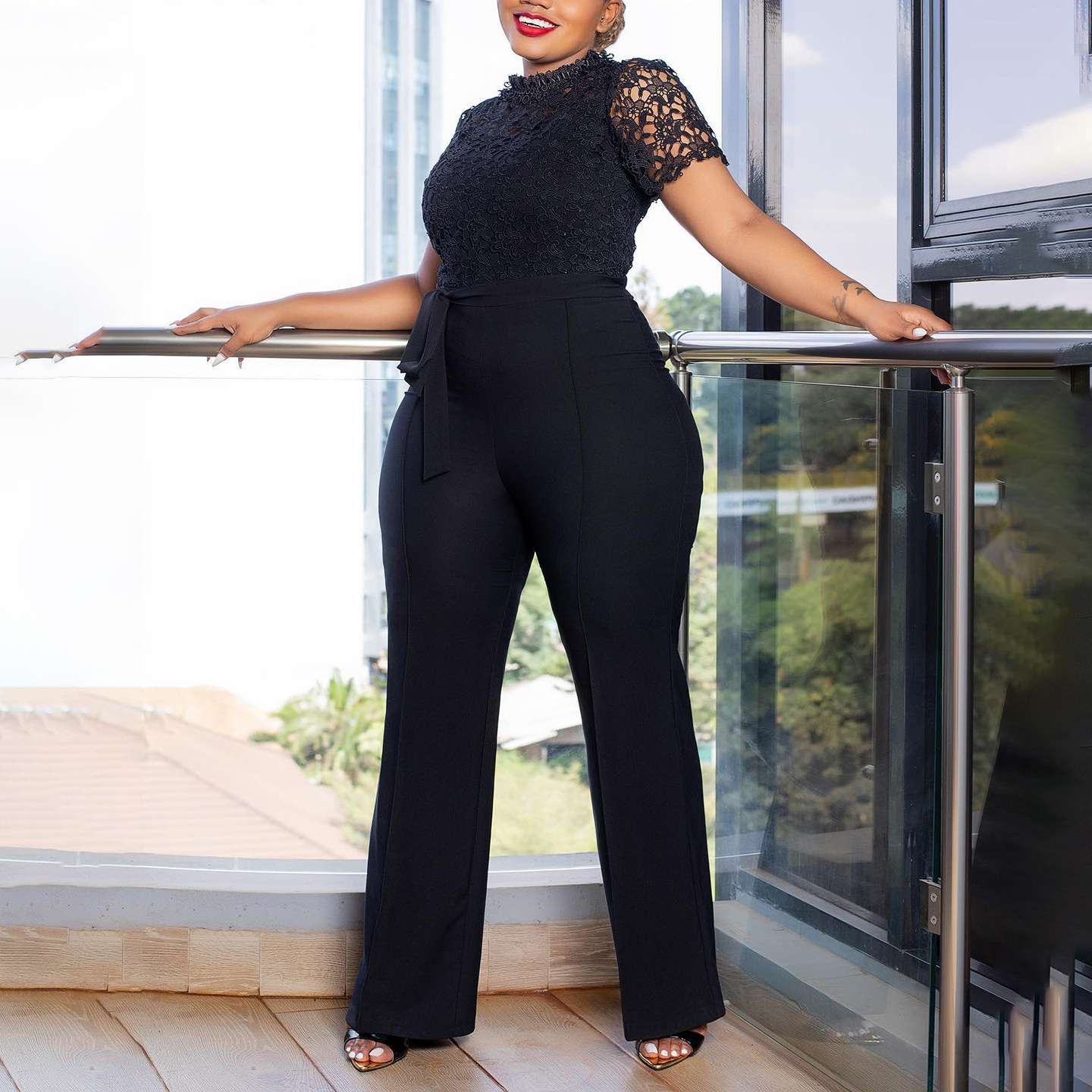 総レース パンツドレス 袖付き フォーマル