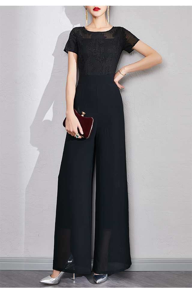 パンツドレス シアー切替 ワイドパンツ オールインワン