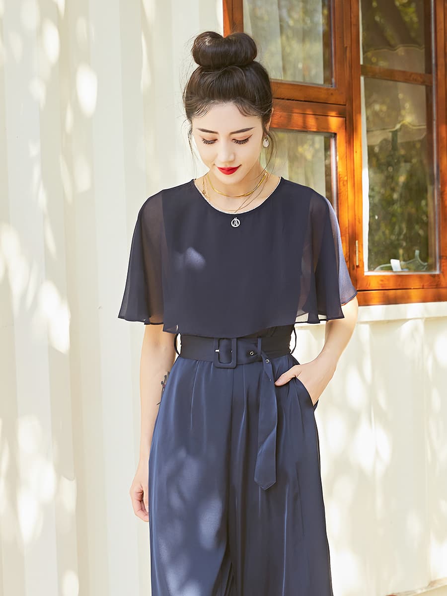 シフォン袖華やかパンツドレス