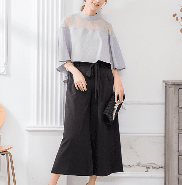 レース切替パンツドレス 上品バルーン袖セットアップ