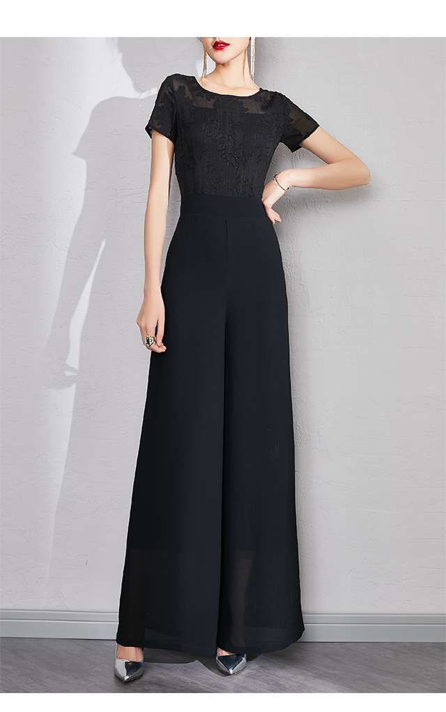 パンツドレス シアー切替 ワイドパンツ オールインワン