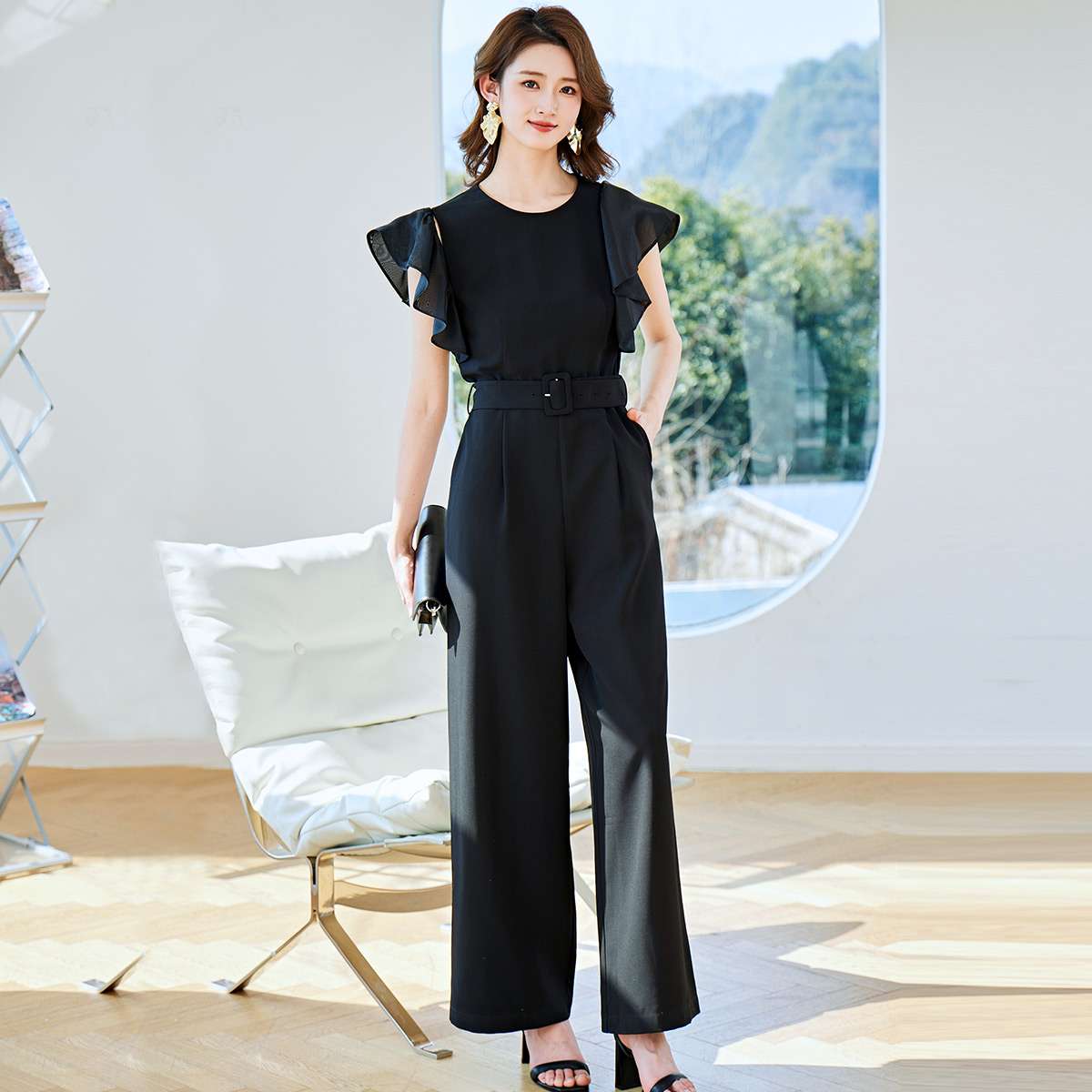 パンツドレス エレガントフリルスリーブパンツスーツ