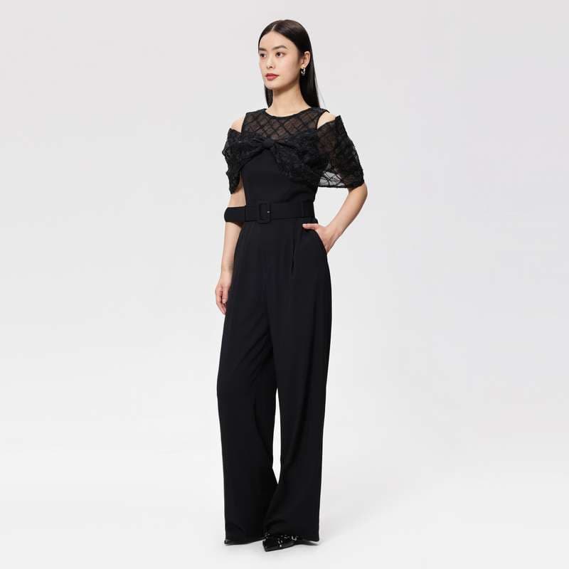 レース飾り肩開きパンツドレス