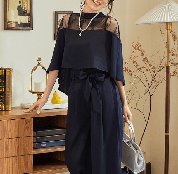 レース切替パンツドレス 上品バルーン袖セットアップ